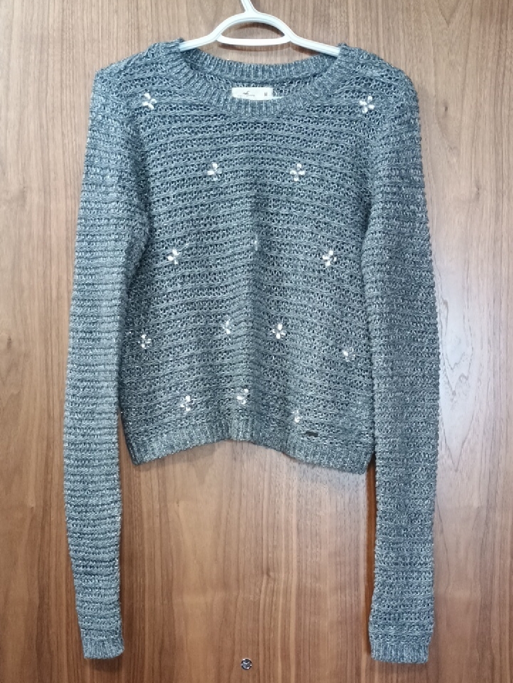 2/$20 Hollister Gray Knit Crewneck Sweater with Sequin Embellishments